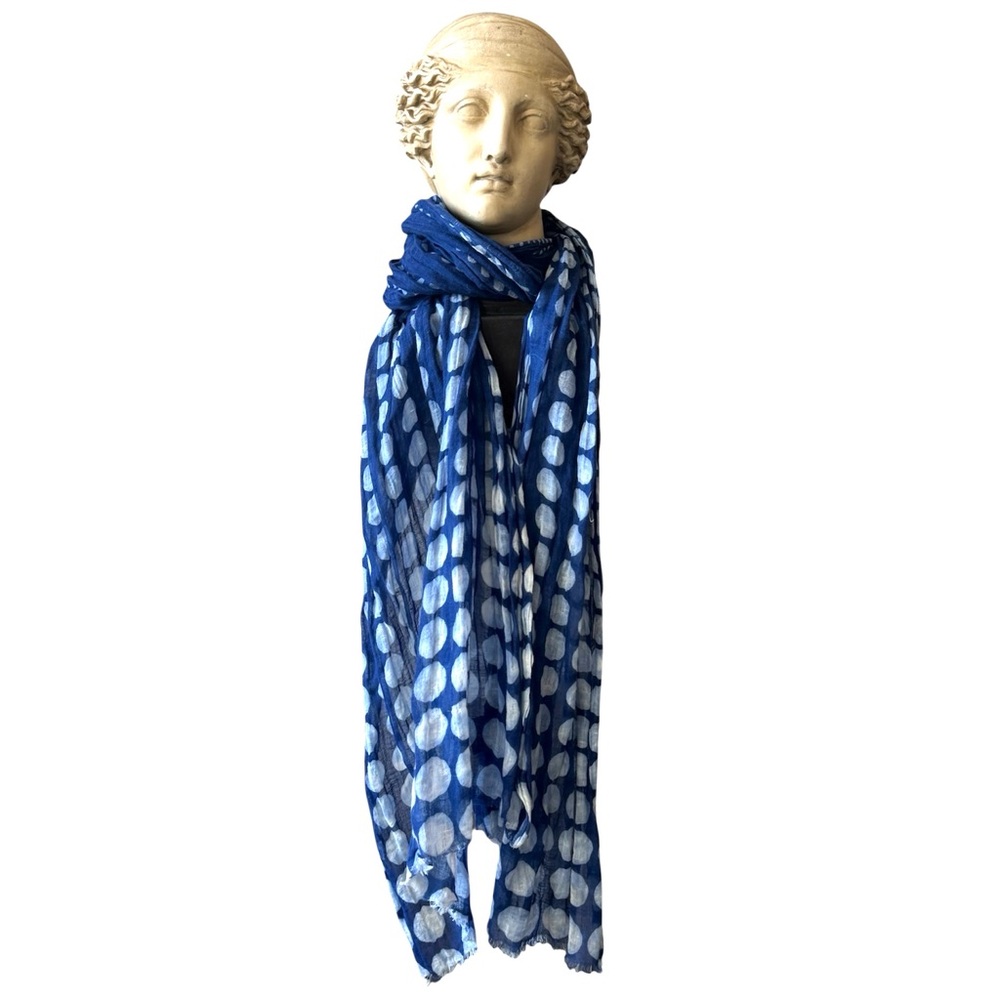 Blue and White graphic cotton and linen scarf purchased at the MCA in Chicago